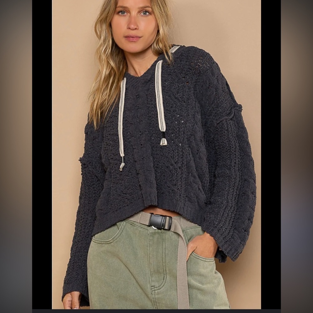 POL Cable Knit Hooded Chenille Sweater L winter boho casual $88 Fp classic fall